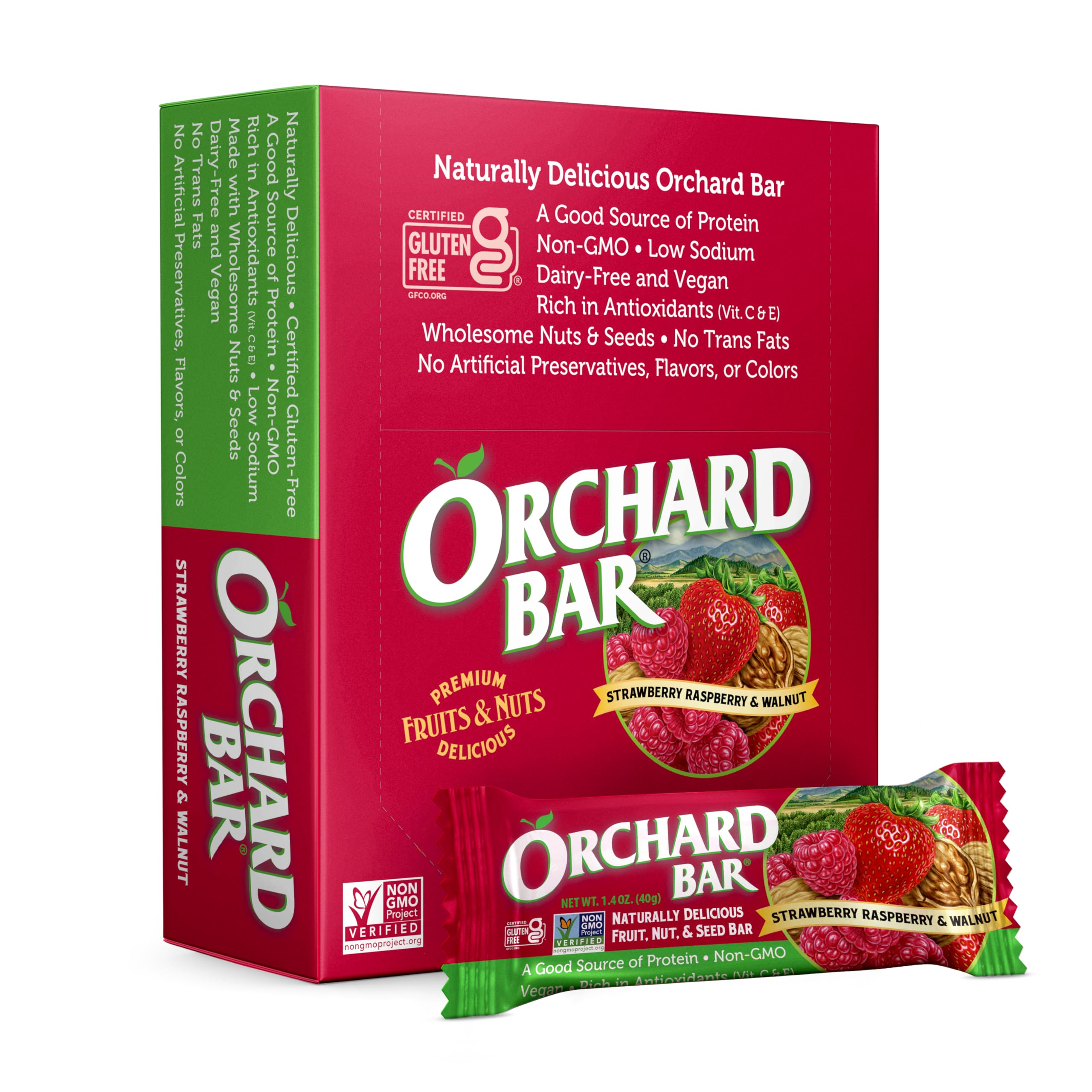 Orchard Bar front packaging showing 12-pack and natural ingredients for convenient snacking
