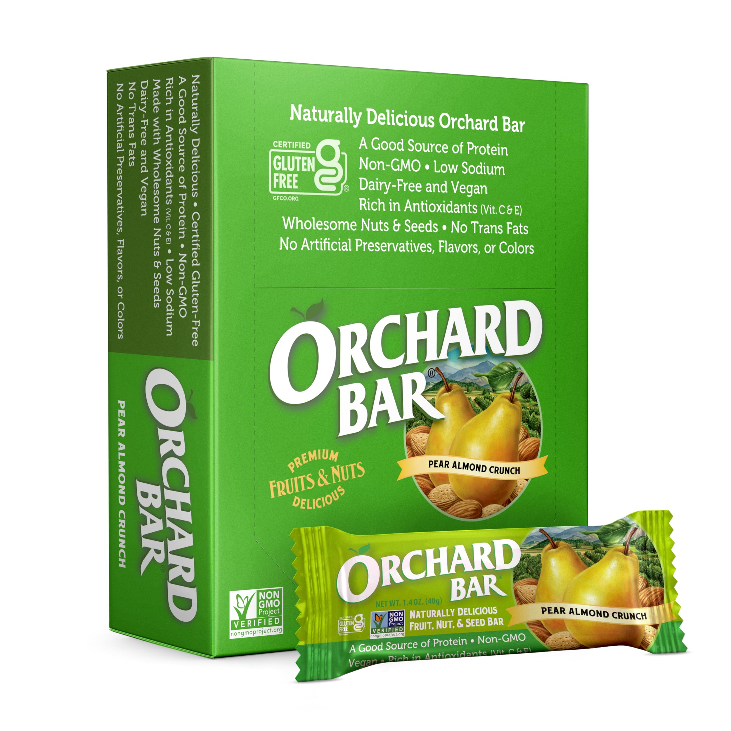 Orchard Bar pear almond front packaging showing ingredients and benefits