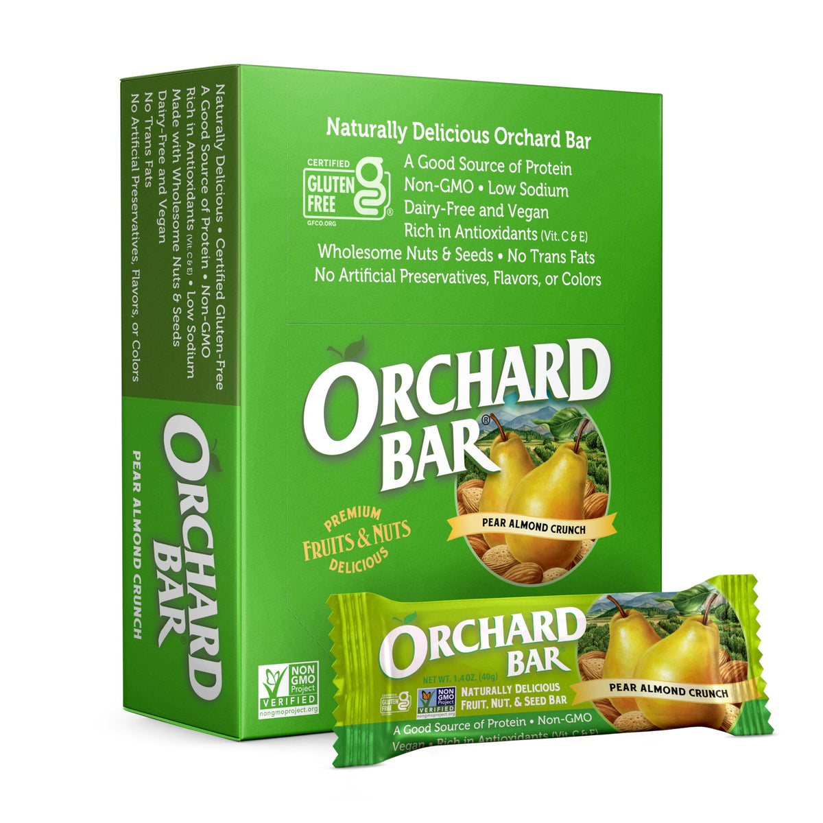 Orchard Bar pear almond front packaging showing ingredients and benefits