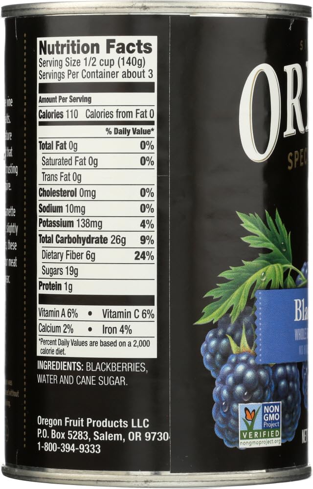 Oregon open can top view with glossy blackberries in light syrup, ready-to-use benefit