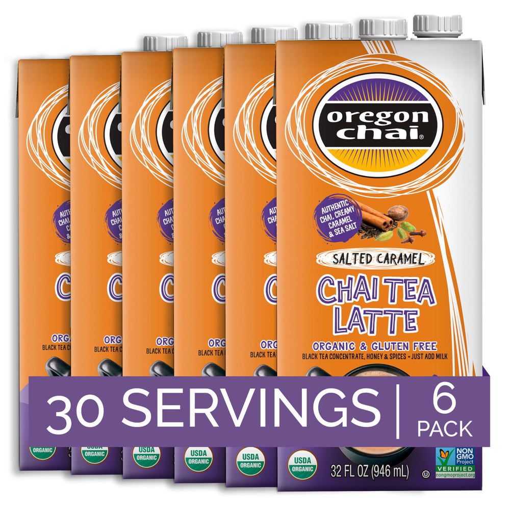 Oregon Chai front packaging showing salted caramel concentrate and organic label benefits