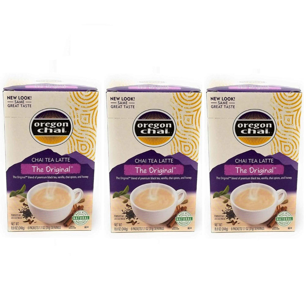 Oregon Chai front packaging showing three-box set and convenience benefit