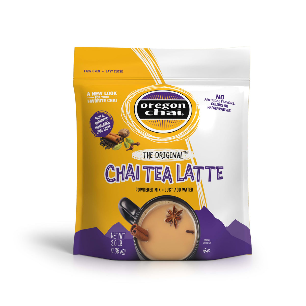 Oregon Chai front packaging showing 3 lb bag and branding for easy storage benefit