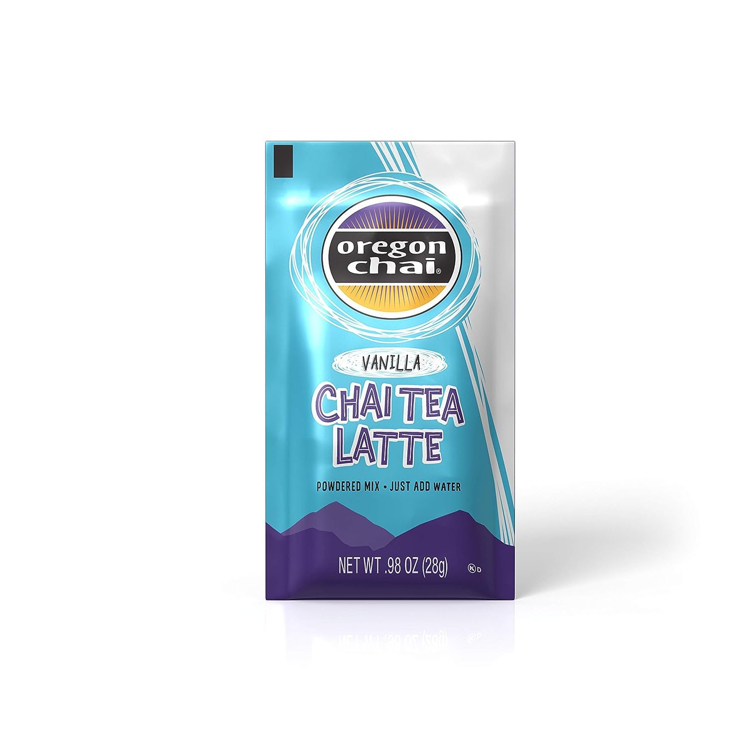 Oregon Chai single-serve packet close-up highlighting easy grab-and-go portability benefit