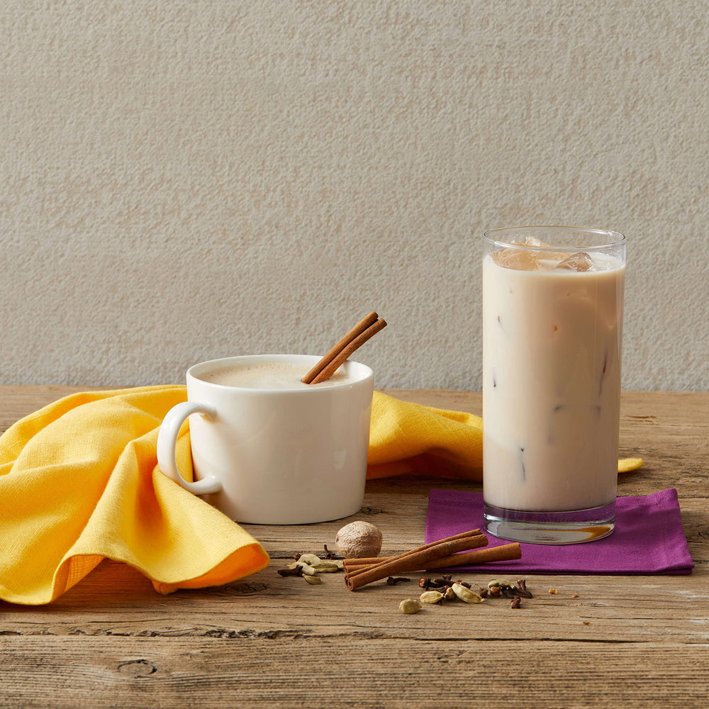 Oregon Chai heated on stovetop with steam showing quick hot latte convenience