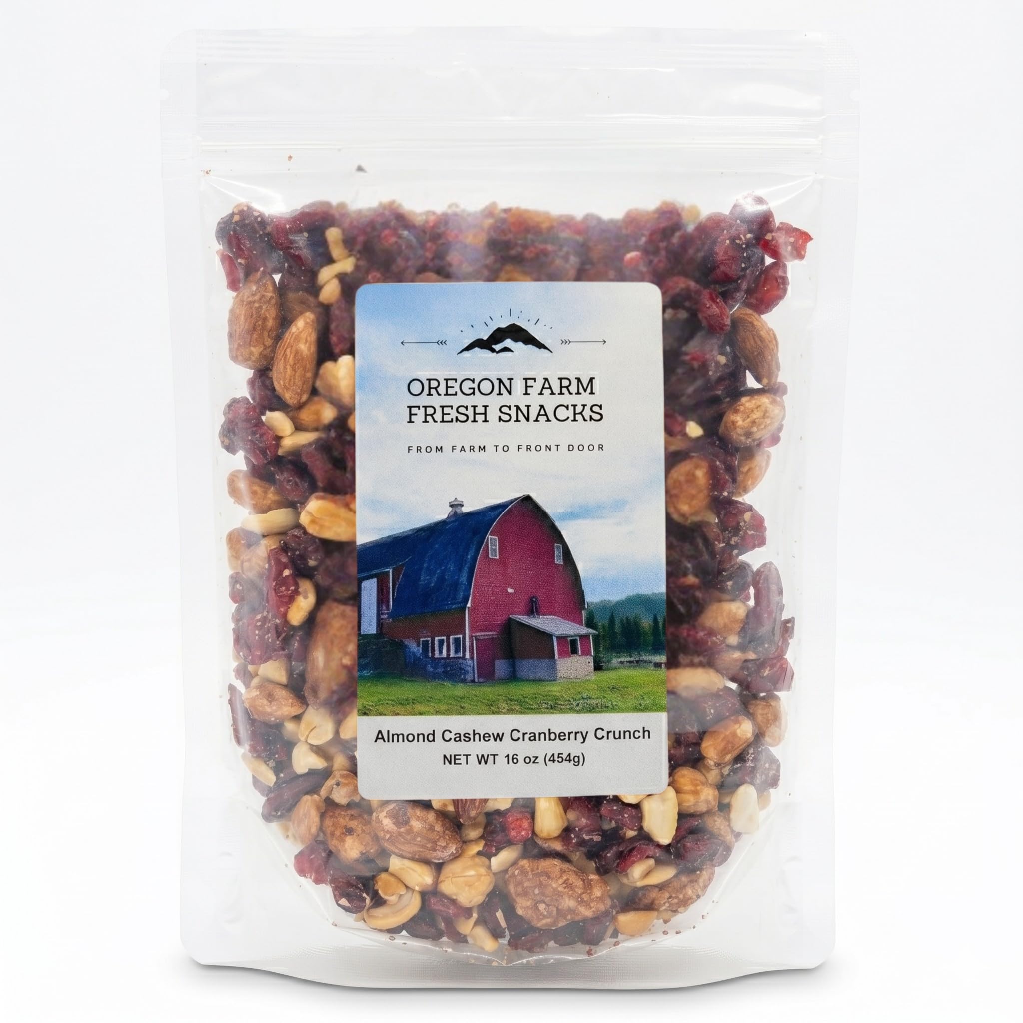 OREGON FARM FRESH SNACKS contents close-up displaying mixed nuts and cranberries, emphasizes texture
