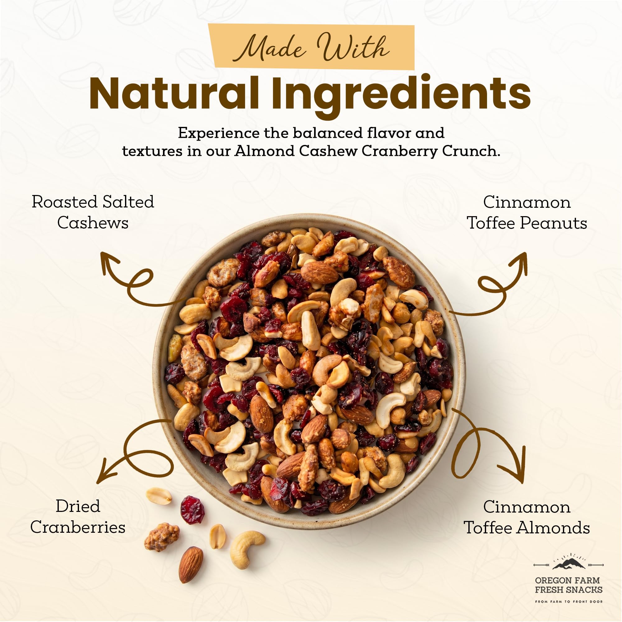 OREGON FARM FRESH SNACKS cranberry and nuts mix spread on surface, shows sweet and tangy contrast