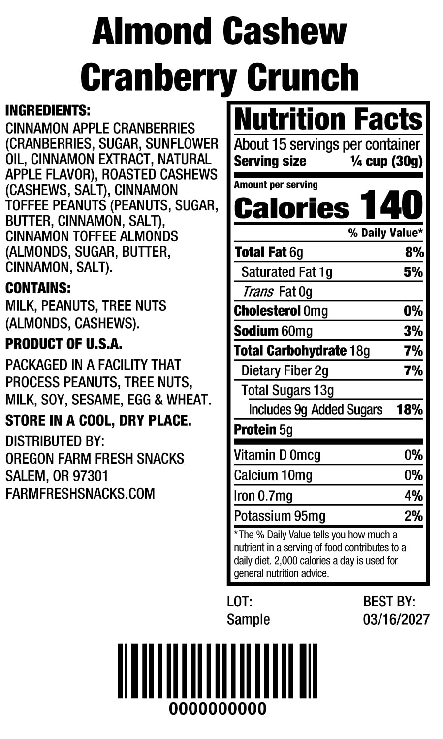 OREGON FARM FRESH SNACKS ingredients label close-up, provides transparency on allergens and origin