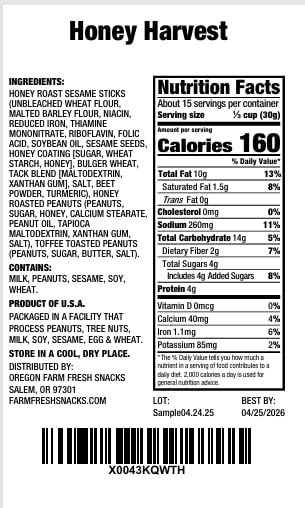 OREGON FARM FRESH SNACKS bag beside everyday items for clear size comparison