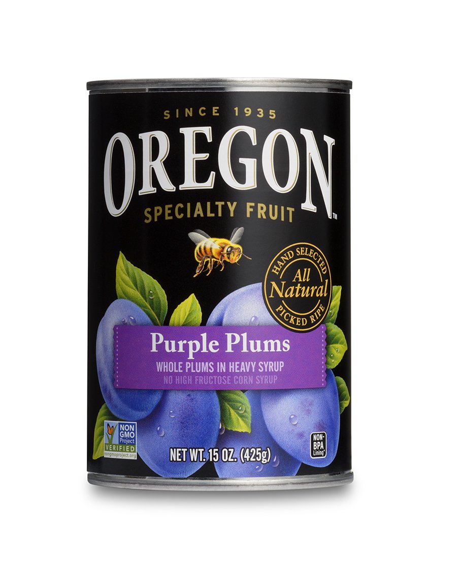 Oregon brand front packaging showing whole plums and heavy syrup, convenient pantry supply