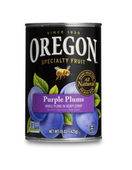 Oregon brand front packaging showing whole plums and heavy syrup, convenient pantry supply