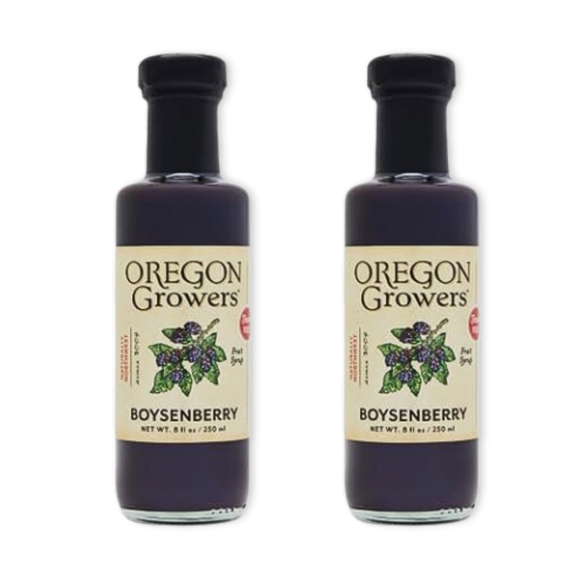 Oregon Growers bottle front label showing boysenberry syrup and vibrant branding