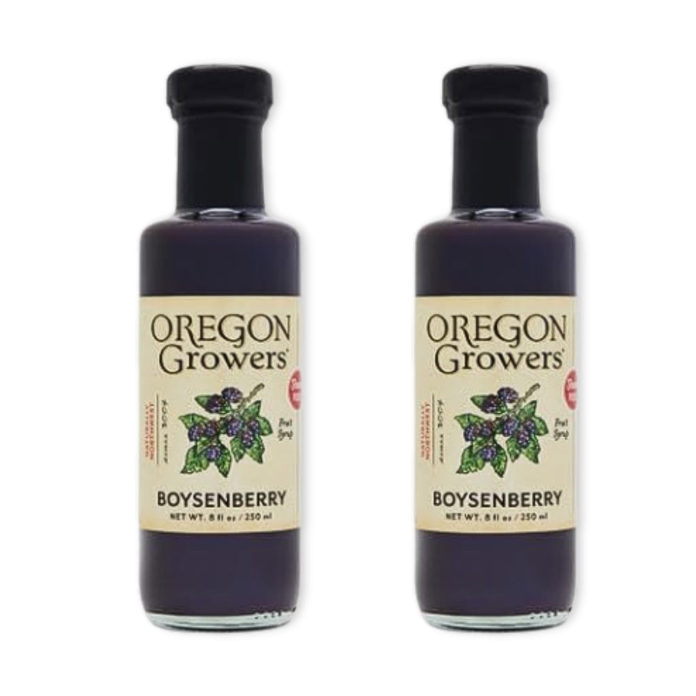 Oregon Growers bottle front label showing boysenberry syrup and vibrant branding