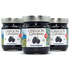 Oregon Growers front label showing marionberry jar and brand promise