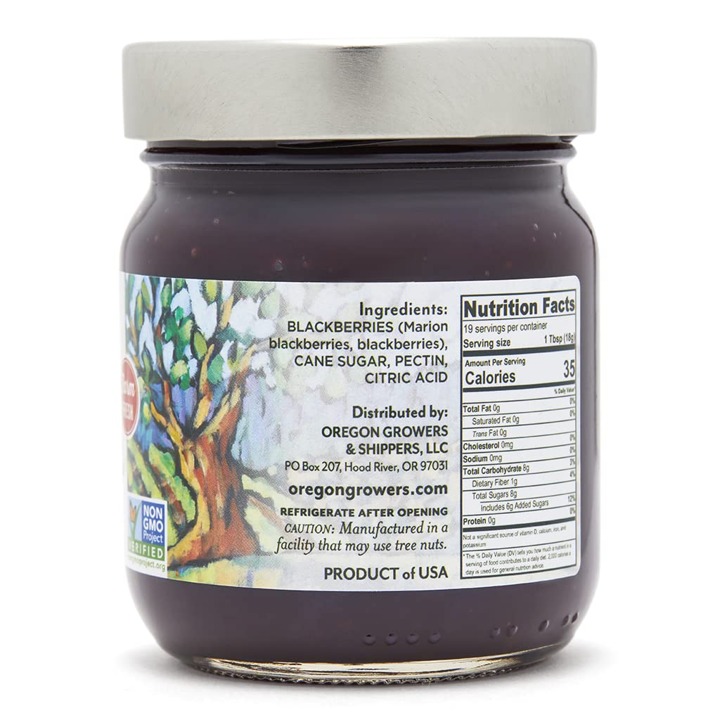 Oregon Growers jar open with dark marionberry spread ready to serve