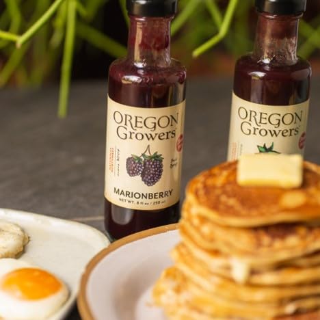 Oregon Growers marionberry syrup with farm harvest scene supporting local growers