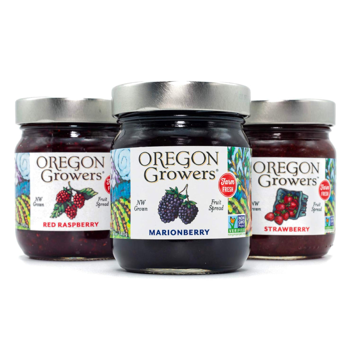 Oregon Growers variety pack front view showcasing three jars and labels, great for gifting