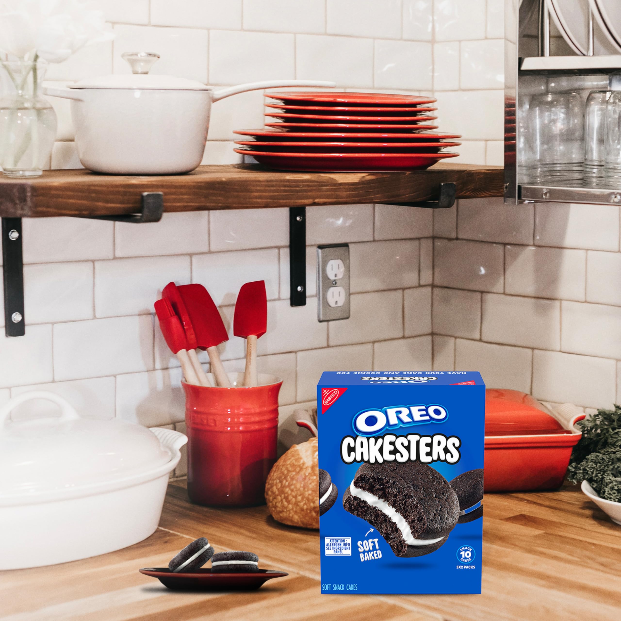 OREO Cakesters served on a plate with milk for pairing idea