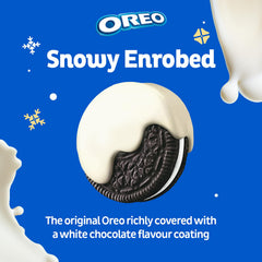 Oreo close-up of white chocolate-flavoured coating highlighting smooth texture