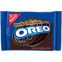 OREO front packaging showing dark chocolate flavored creme and resealable bag for freshness