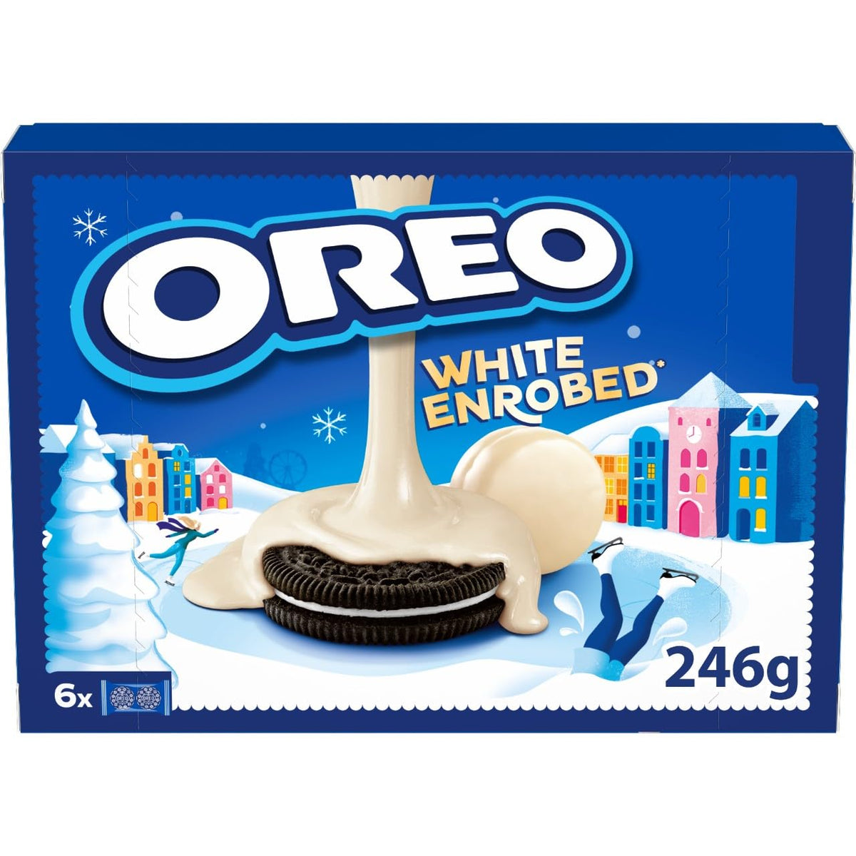 Oreo front packaging showing snowy enrobed white chocolate coating and brand