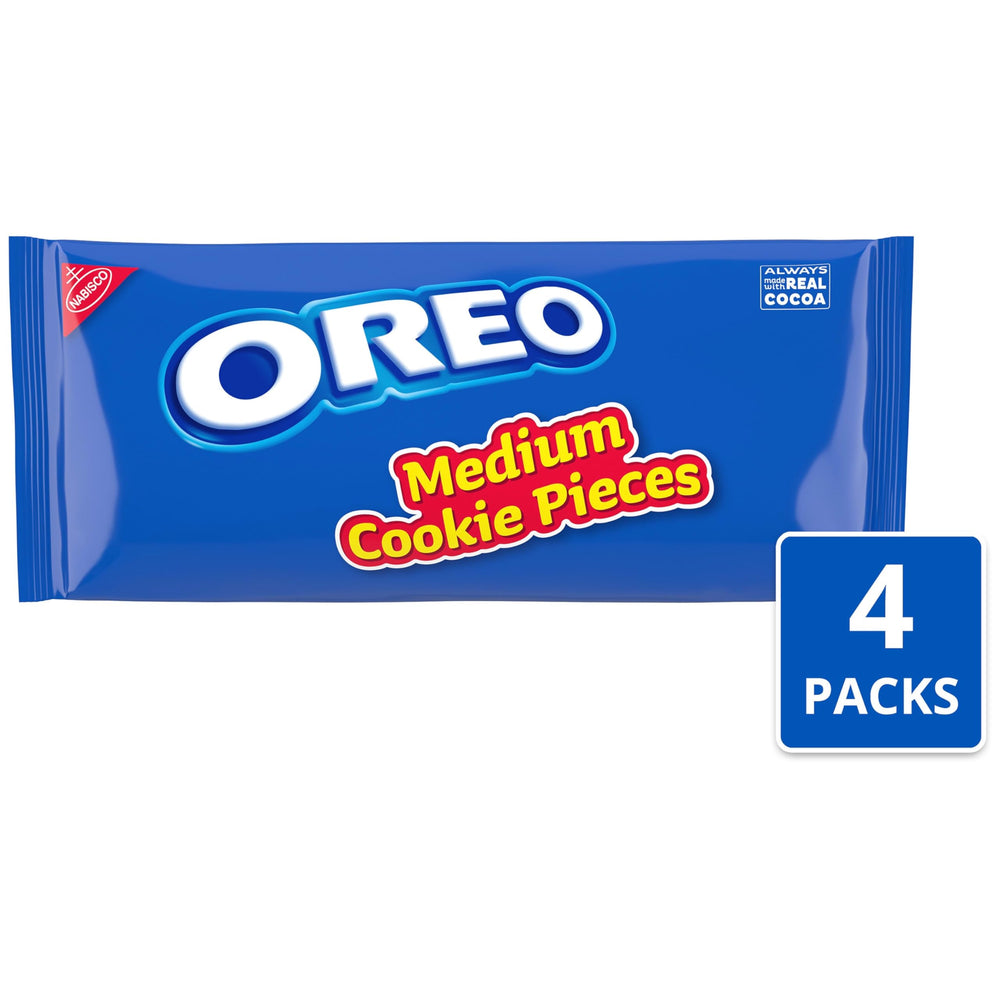 Close-up of OREO medium cookie pieces texture highlighting crunchy chocolate pieces