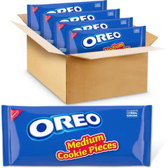 OREO medium cookie pieces front packaging showing bulk four-pack and convenience