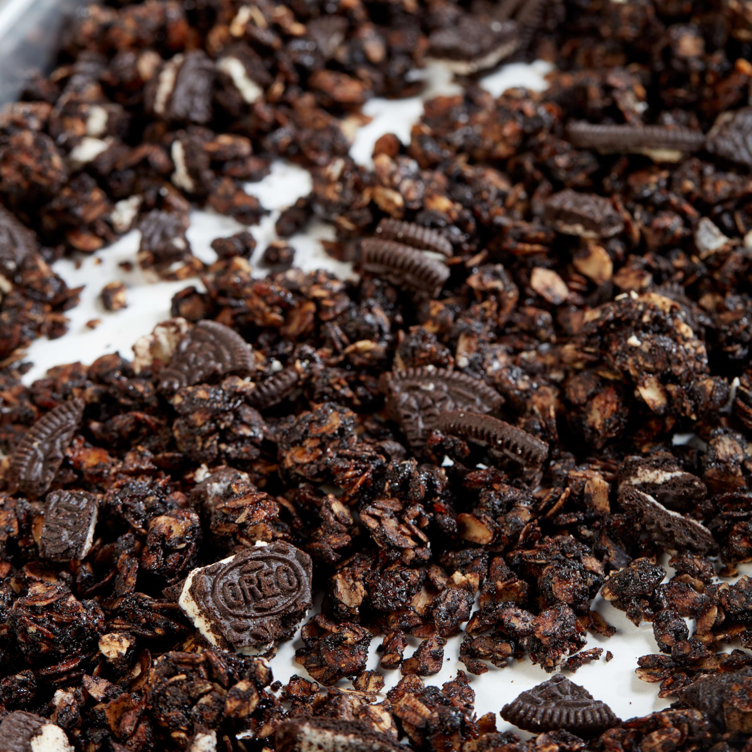 Product label on OREO medium cookie pieces bag showing ingredients and brand