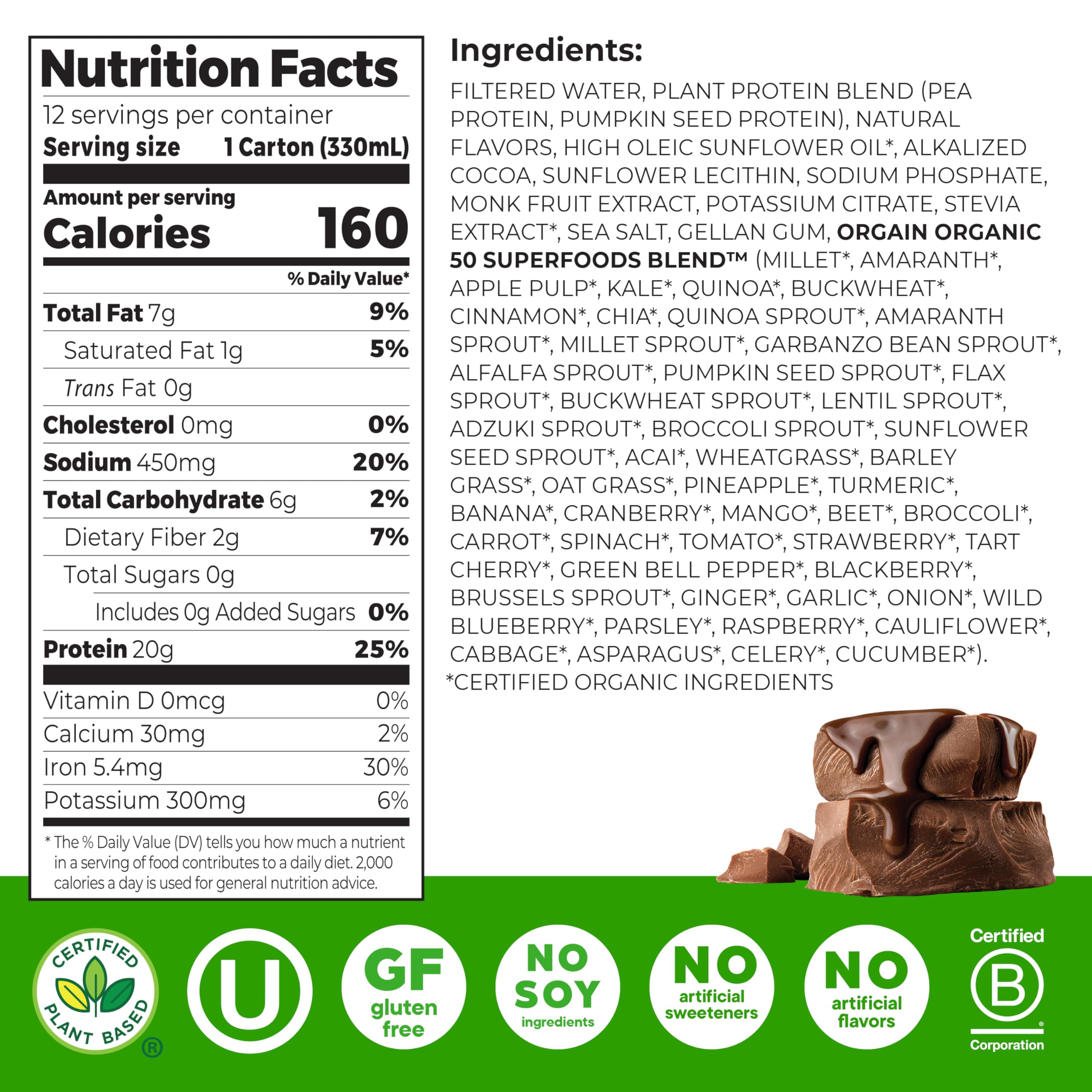 Orgain label close-up listing ingredients and superfood highlights for transparency