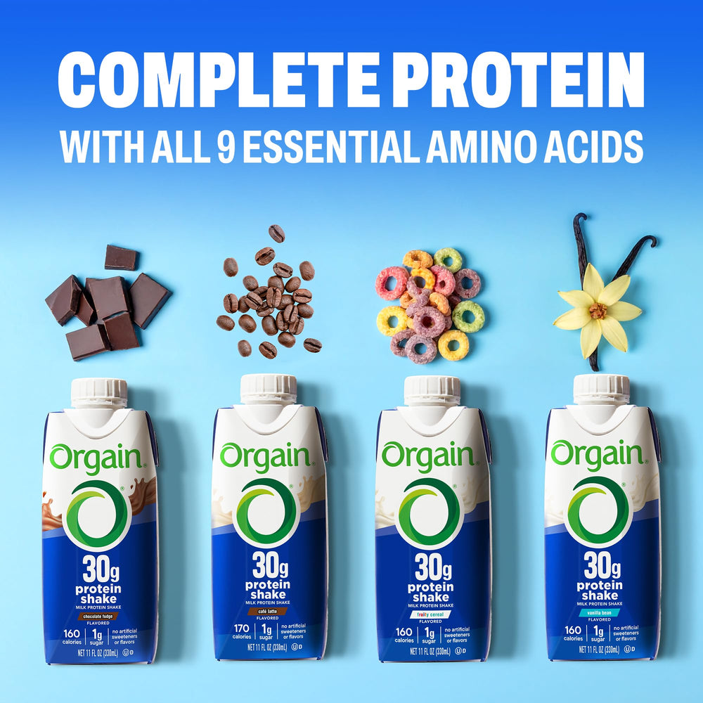 Orgain bottle on breakfast table beside fruit for morning meal replacement