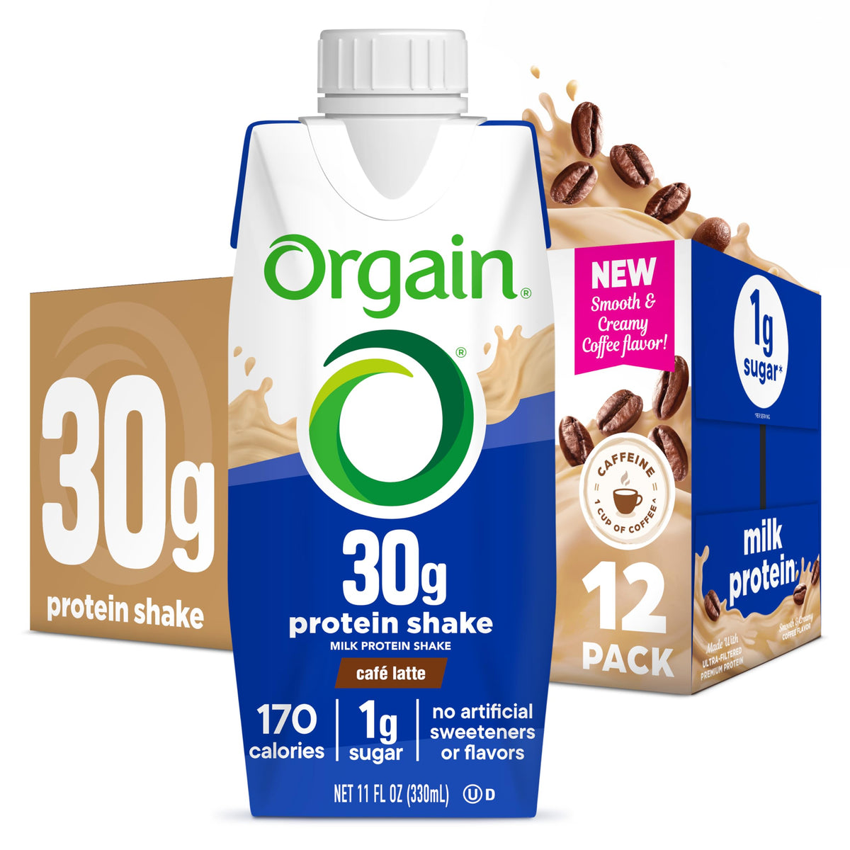 Orgain bottle front packaging shows café latte flavor and protein amount