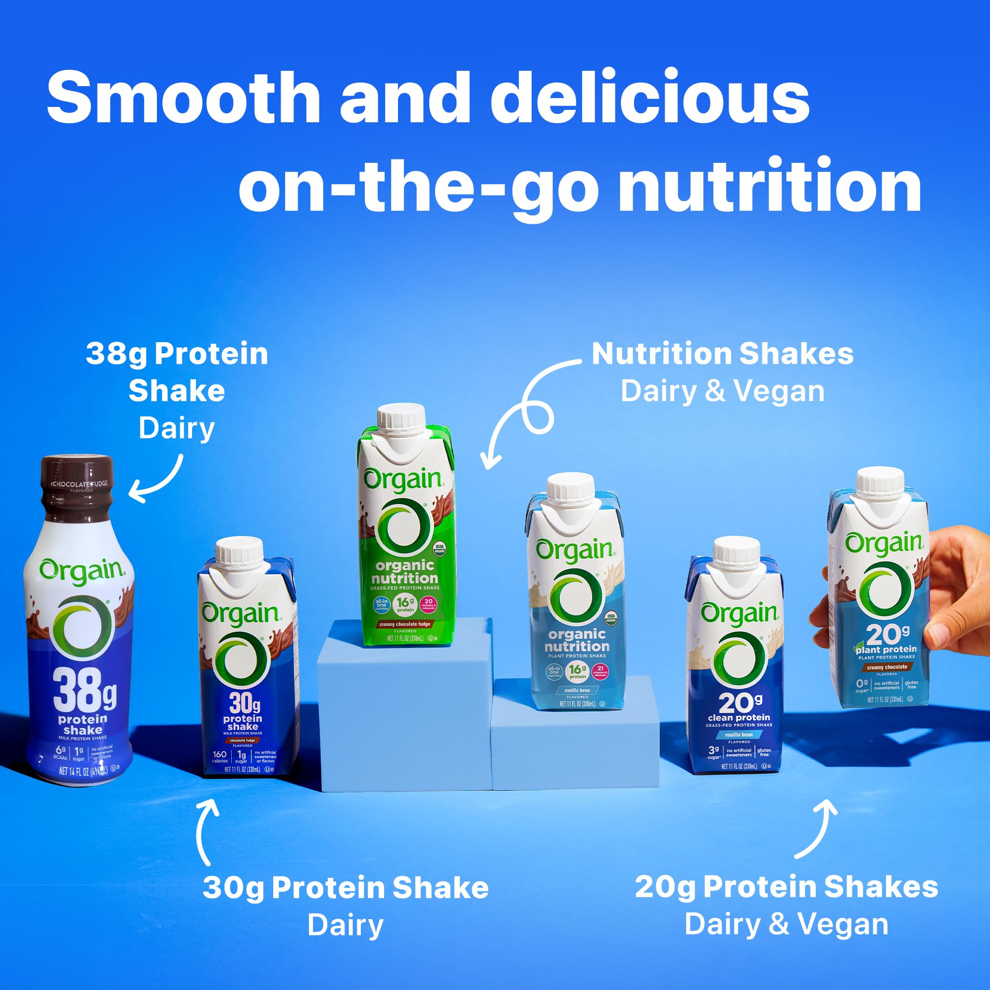Ingredients layout with Orgain bottle highlighting clean ingredient focus