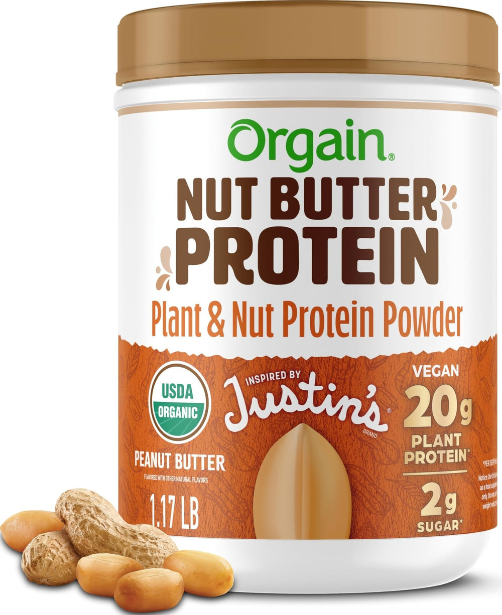 Orgain front packaging showing peanut butter protein and organic badge benefits