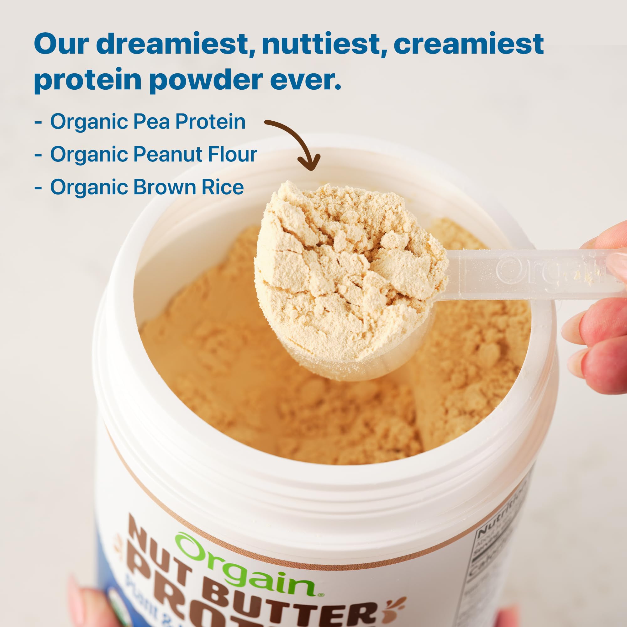 Orgain prepared vanilla almond butter shake in glass demonstrating quick use