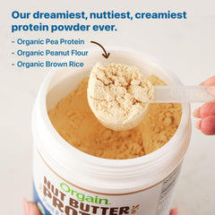 Orgain prepared vanilla almond butter shake in glass demonstrating quick use