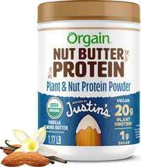 Orgain jar front packaging showing Justin's vanilla almond butter flavor and benefits