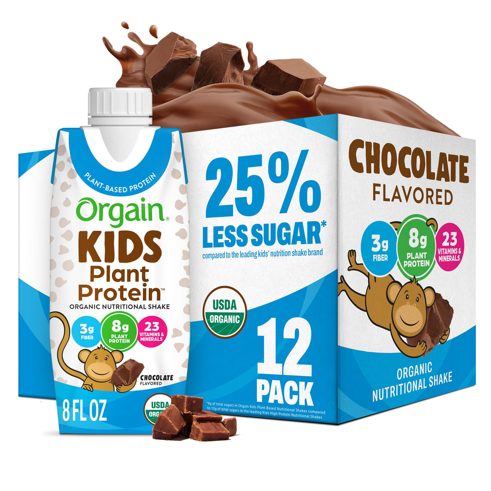 orgain front packaging showing chocolate cartons and nutrition highlights
