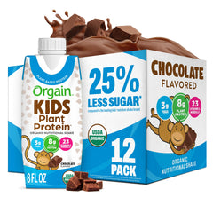 orgain front packaging showing chocolate cartons and nutrition highlights