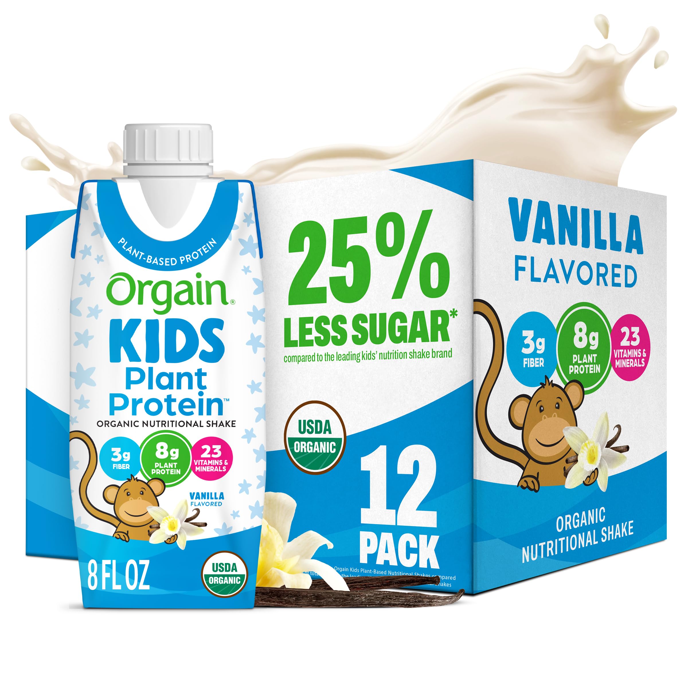 Orgain front packaging showing vanilla shake, convenient grab-and-go nutrition