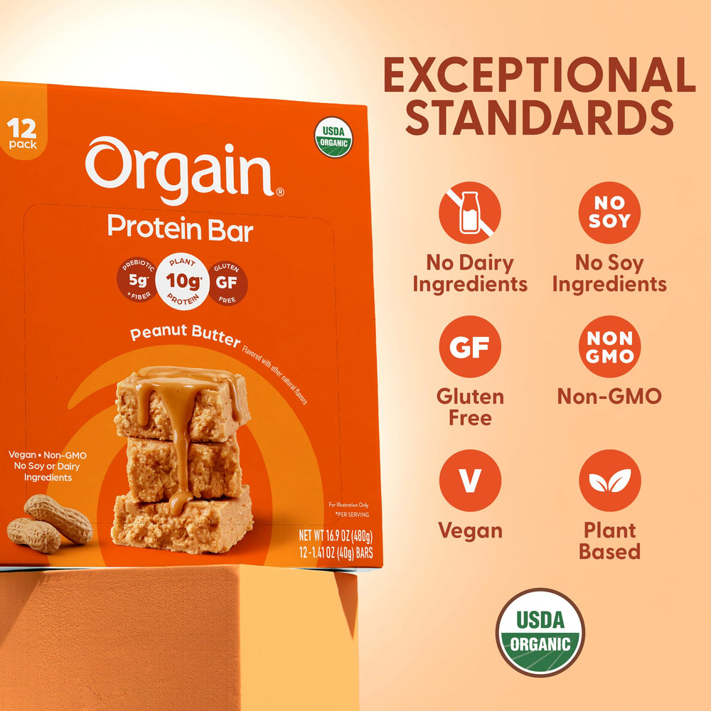 Orgain open 12-pack box showing individually wrapped bars for easy storage