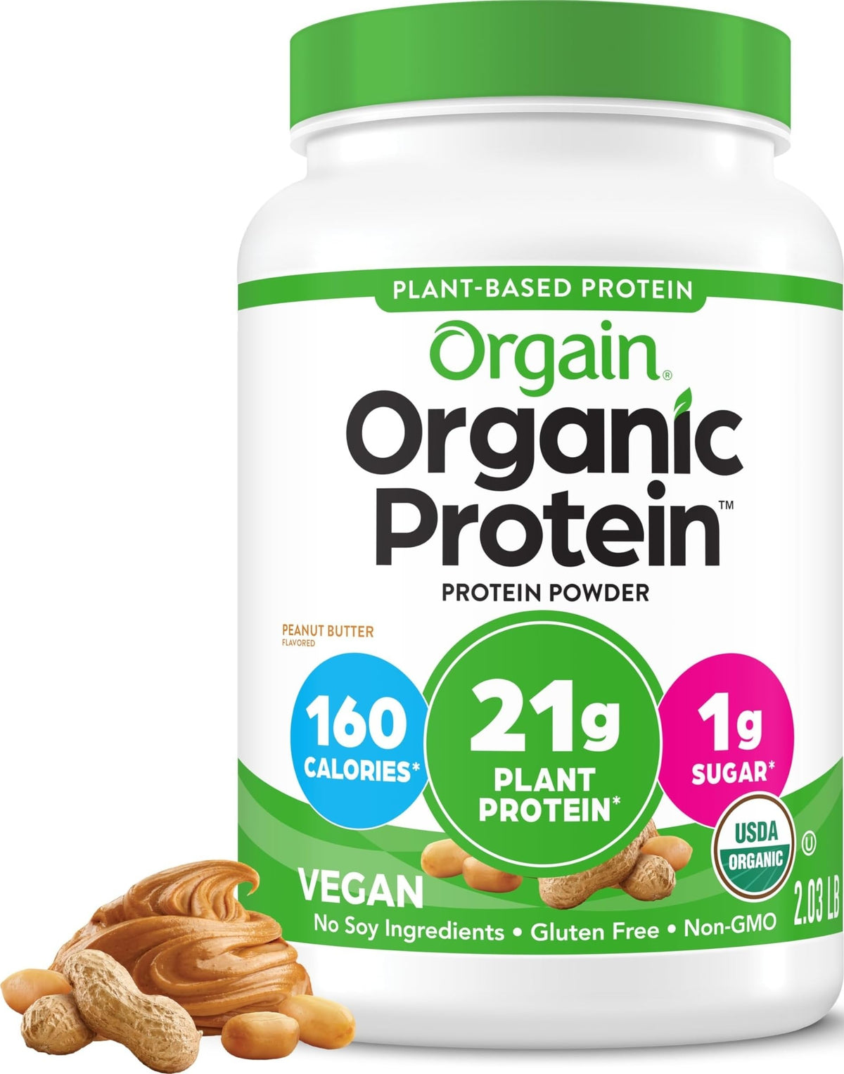 Orgain front packaging showing peanut butter protein and organic badge for trust