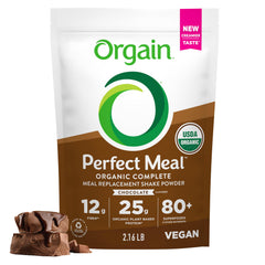 Orgain front packaging showing chocolate meal powder and benefits