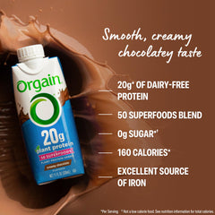 Orgain shake poured into glass showing creamy, smooth texture and rich chocolate