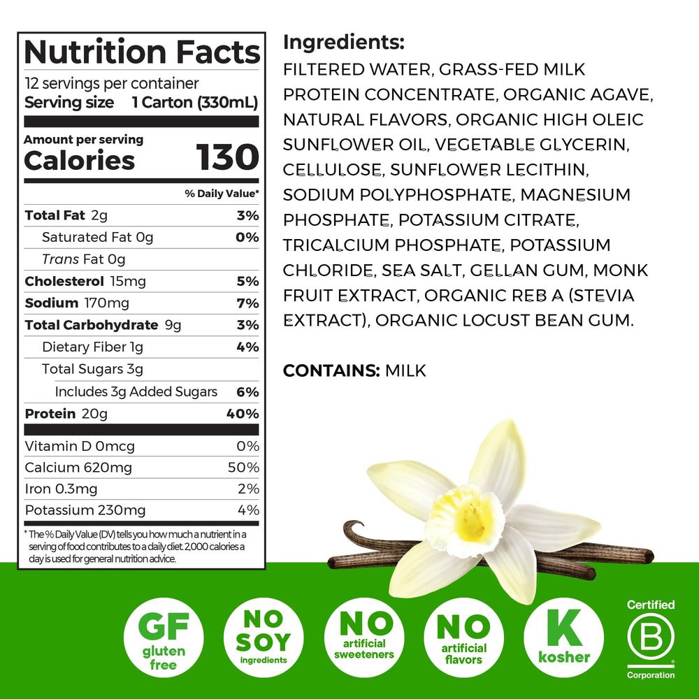 Orgain vanilla bottle close-up highlighting smooth texture and premium label benefits