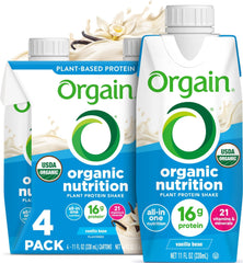 Orgain front packaging showing vanilla shake and quick nutrition
