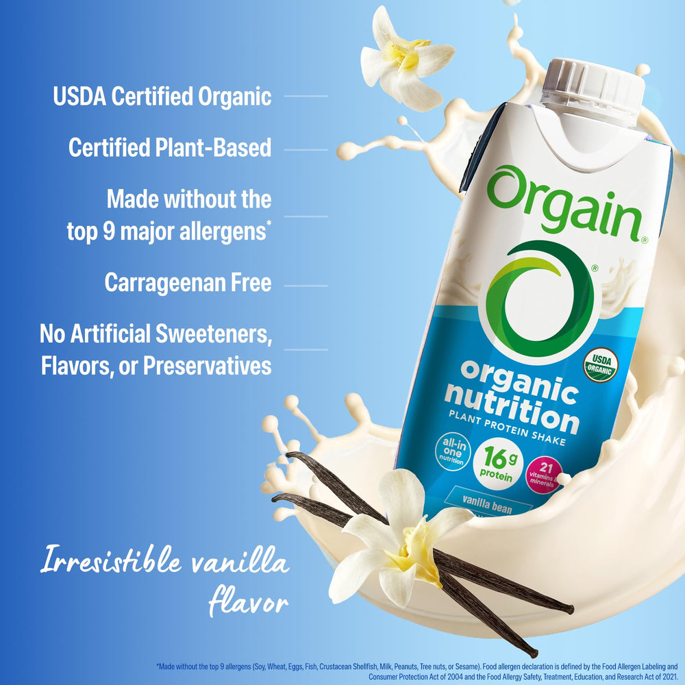 Orgain bottle in hand showing portable size and convenient serving