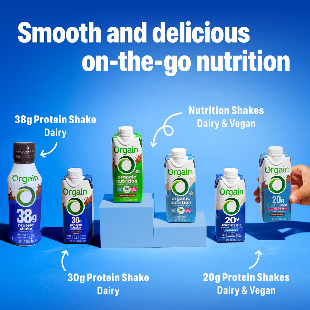 Orgain shake on breakfast table suggesting balanced morning nutrition