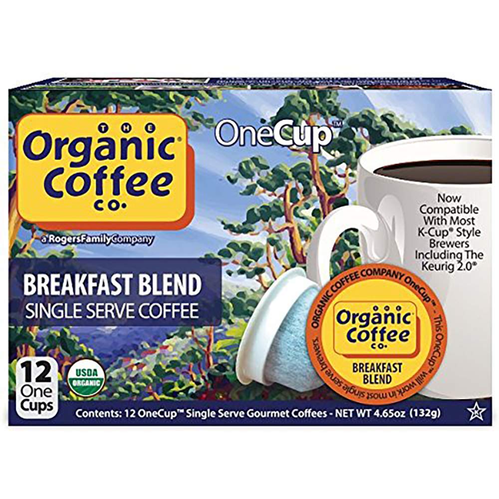 The Organic Coffee Co. 12-count pack next to a cup illustrating portion size