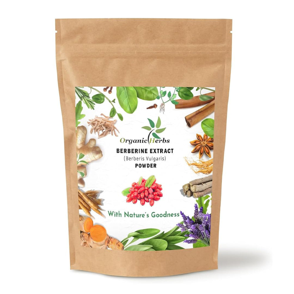 Organic Herbs front package showing berberine powder and resealable pouch for freshness