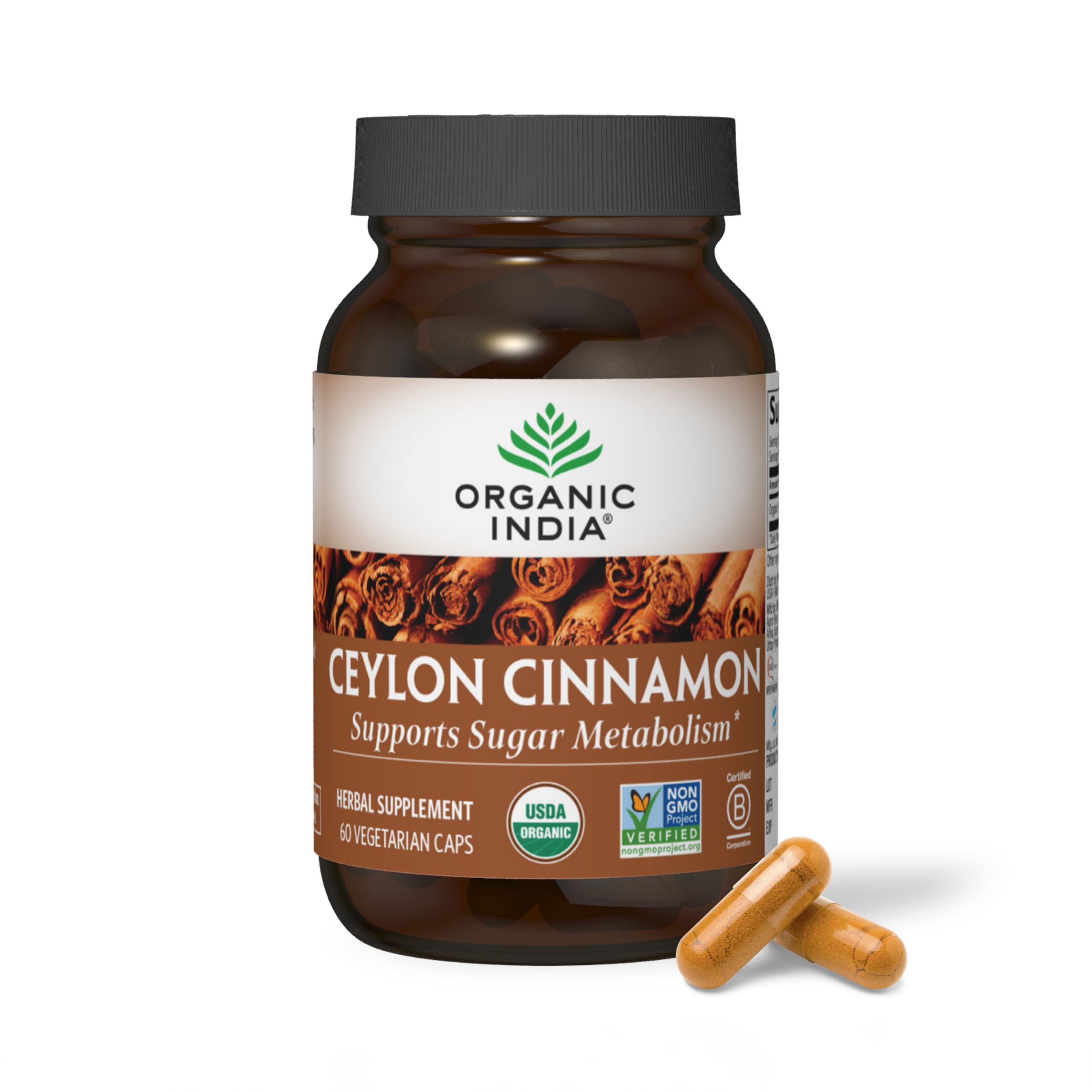 ORGANIC INDIA front bottle view showing label and 60 vegan capsules for clear identification and trust